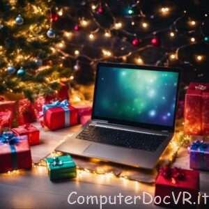 Computer sotto l'albero di natale con lucine e palline