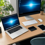 computer fisso e portatile su una scrivania in legno