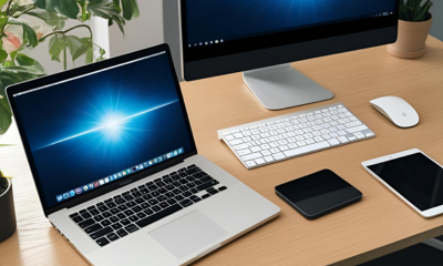 computer fisso e portatile su una scrivania in legno