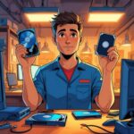 Illustrazione di un tecnico di computer con in mano componenti tecnici