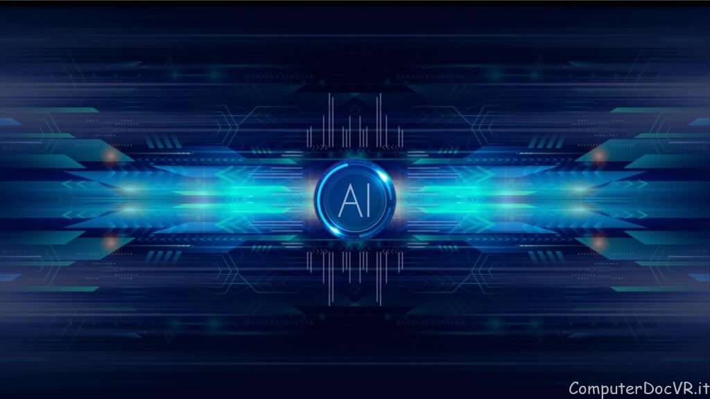 Immagine astratta di colore blu scuro con al centro la scritta AI