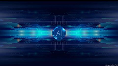 Immagine astratta di colore blu scuro con al centro la scritta AI
