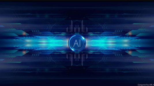Immagine astratta di colore blu scuro con al centro la scritta AI