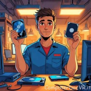 Illustrazione di un tecnico di computer con in mano componenti tecnici