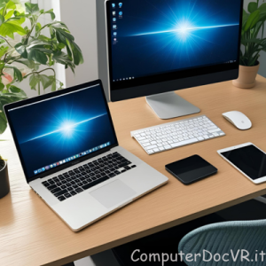 computer fisso e portatile su una scrivania in legno
